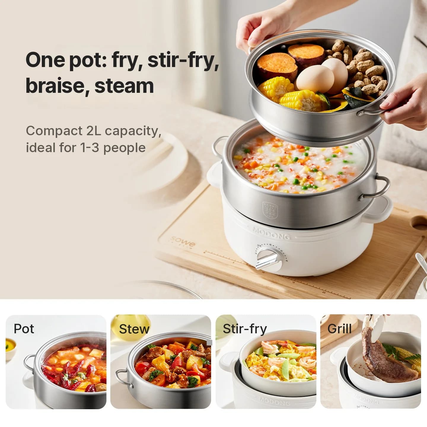 Dělený elektrický hot pot ze nerezové oceli 2L, 3 teploty