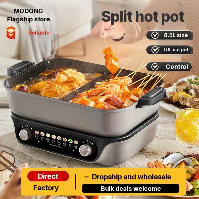 Elektrický dělený hot pot, dvojité otočné ovládání, 8L, černý