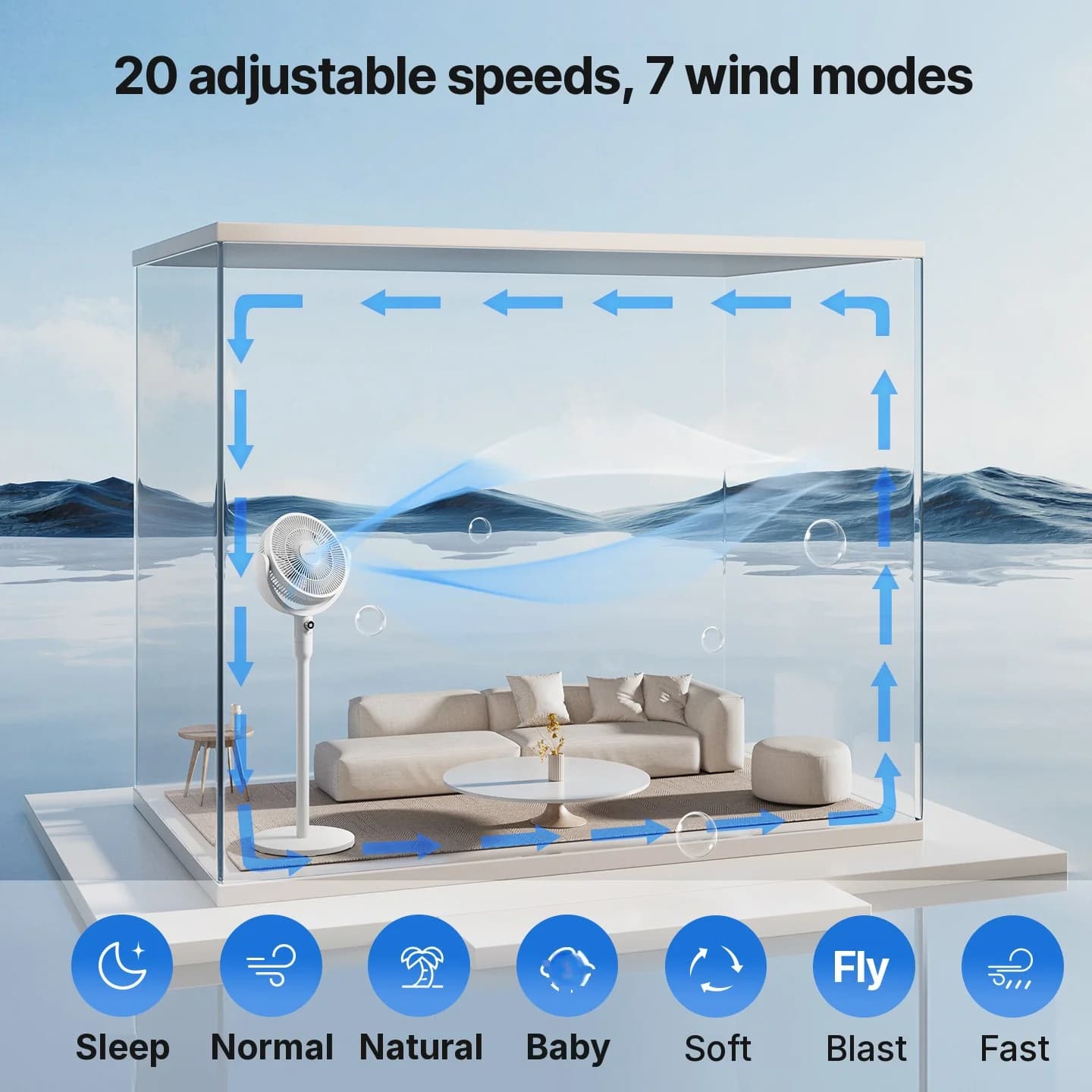 Chytrý stolní cirkulační ventilátor s hlasovým ovládáním a oscilací