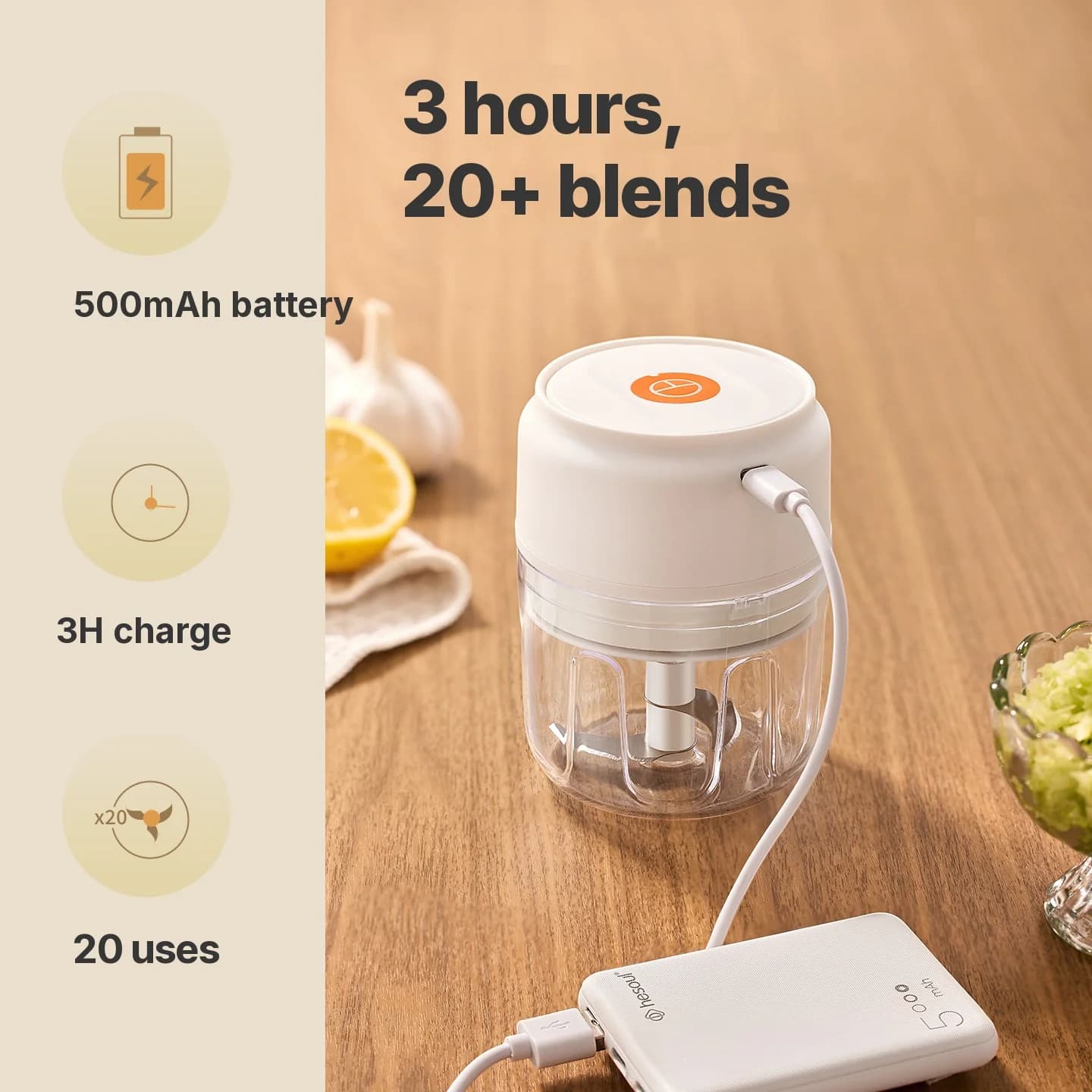 Bezdrátový elektrický sekáček na česnek 250mL 5V 30W Plast