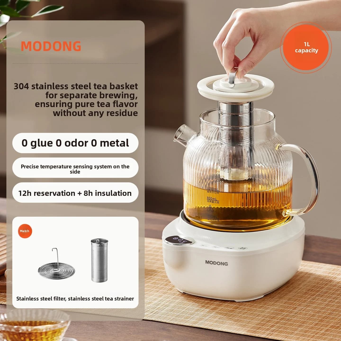 Skleněná elektrická konvice s regulací teploty, 1L
