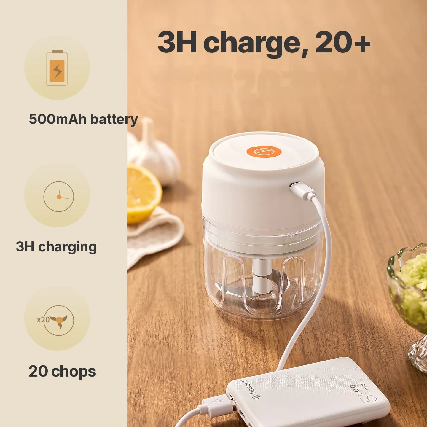 Bezdrátový elektrický sekáček na česnek, 250 ml, 5 V, 30 W, plast